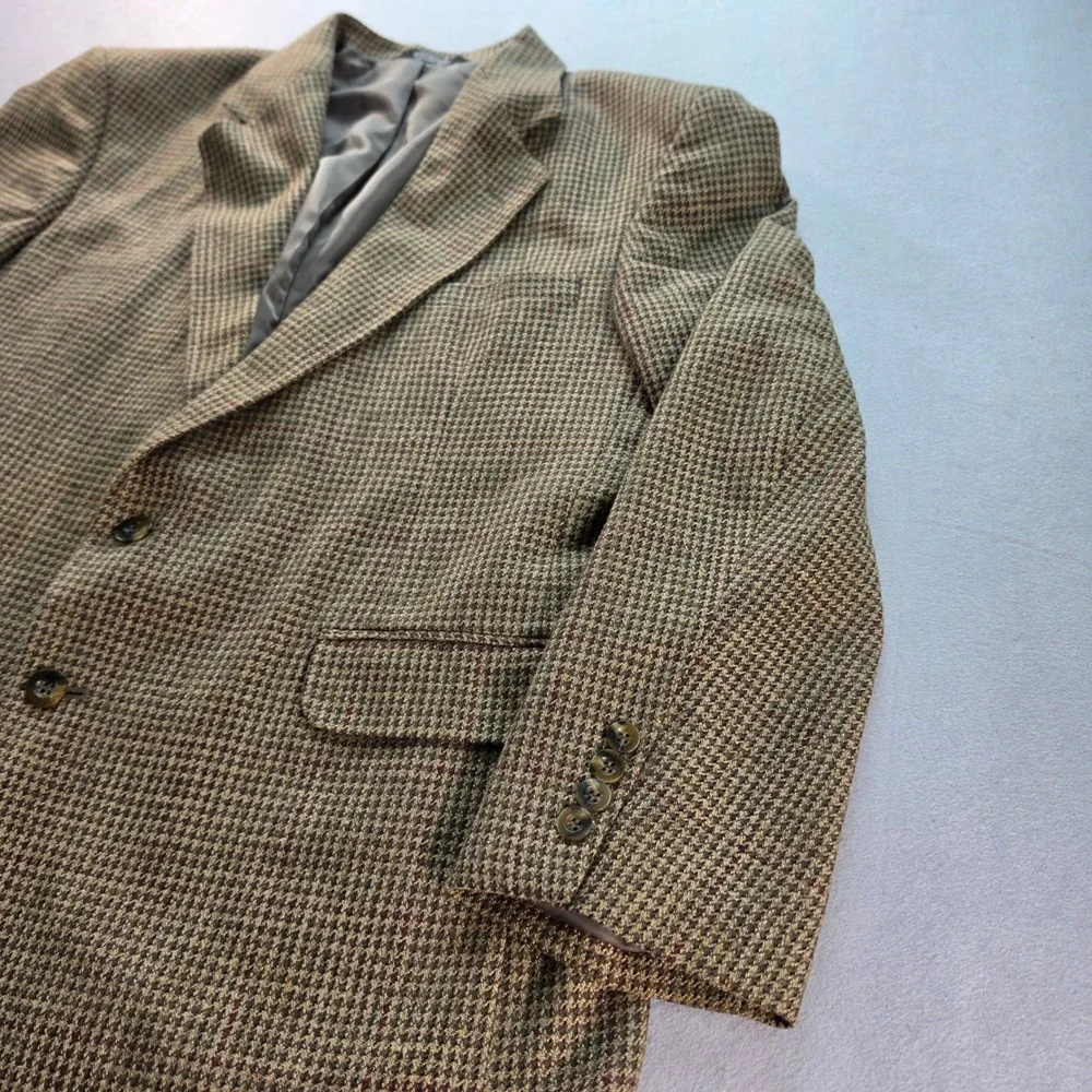 Haggar Clothing Co Mens 44S Houndstooth Wool Silk Blend Blazer Sport Coat Brown